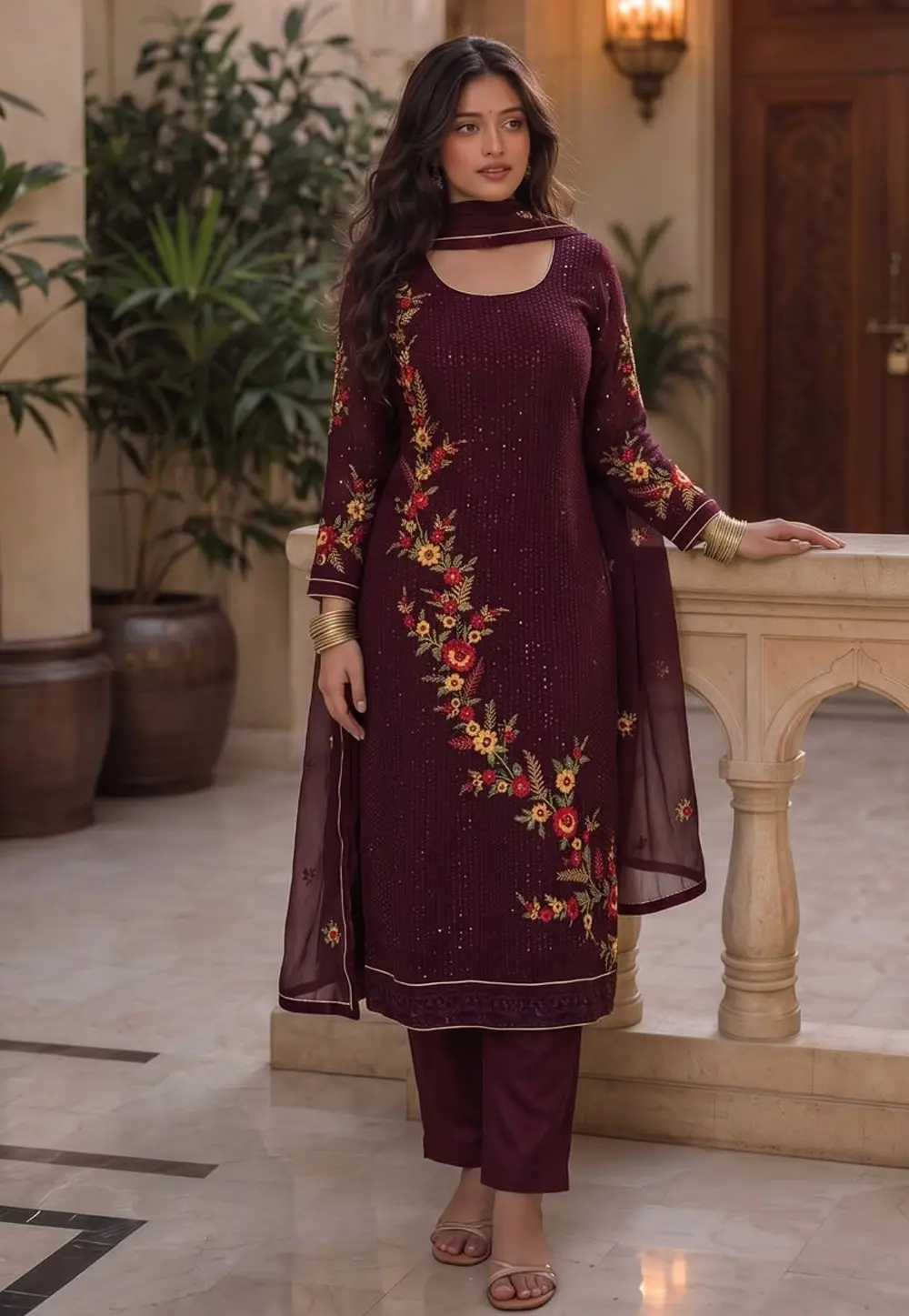 Wine Georgette Readymade Pant Style Suit 332512