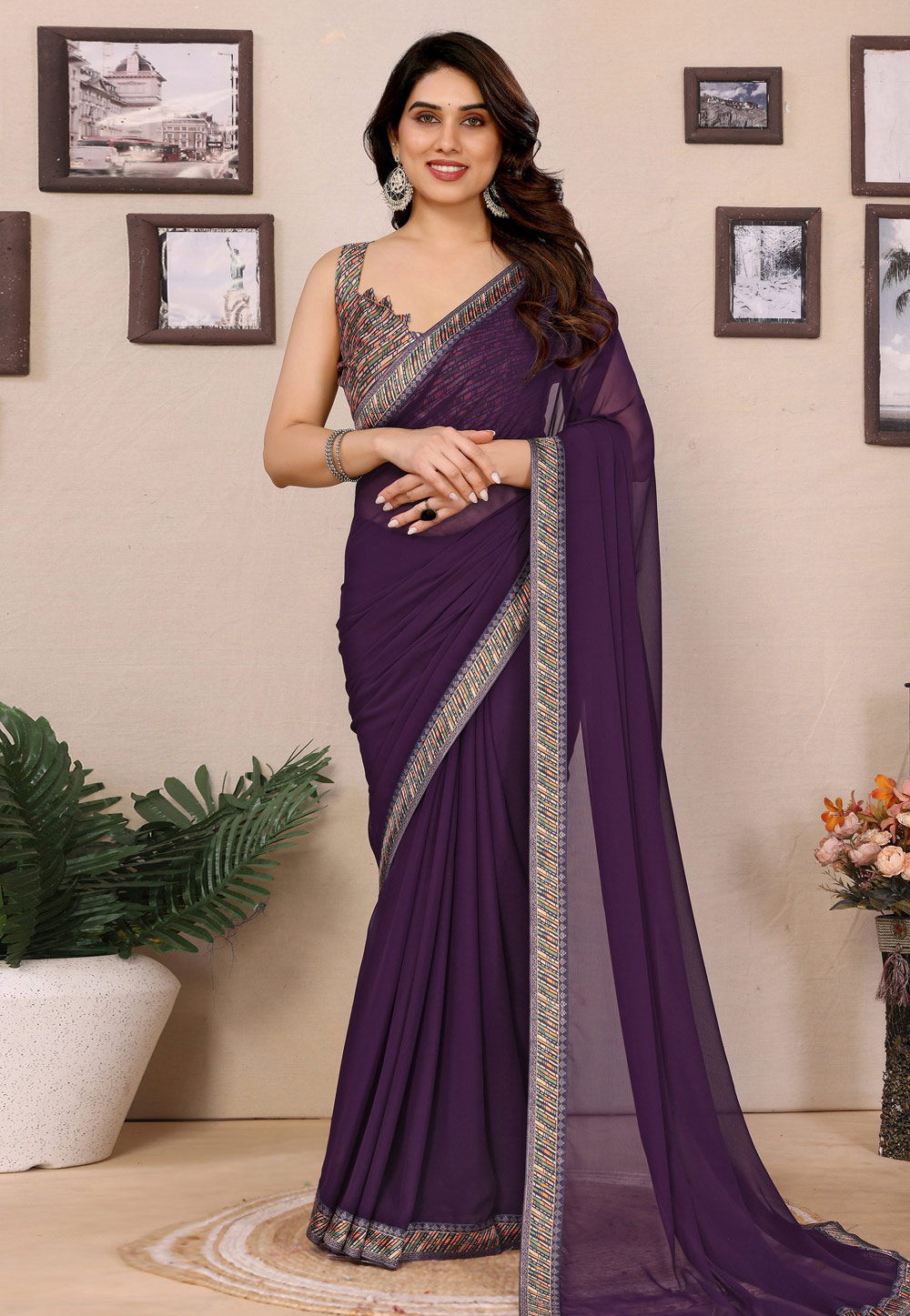 Wine Georgette Saree With Blouse 321536