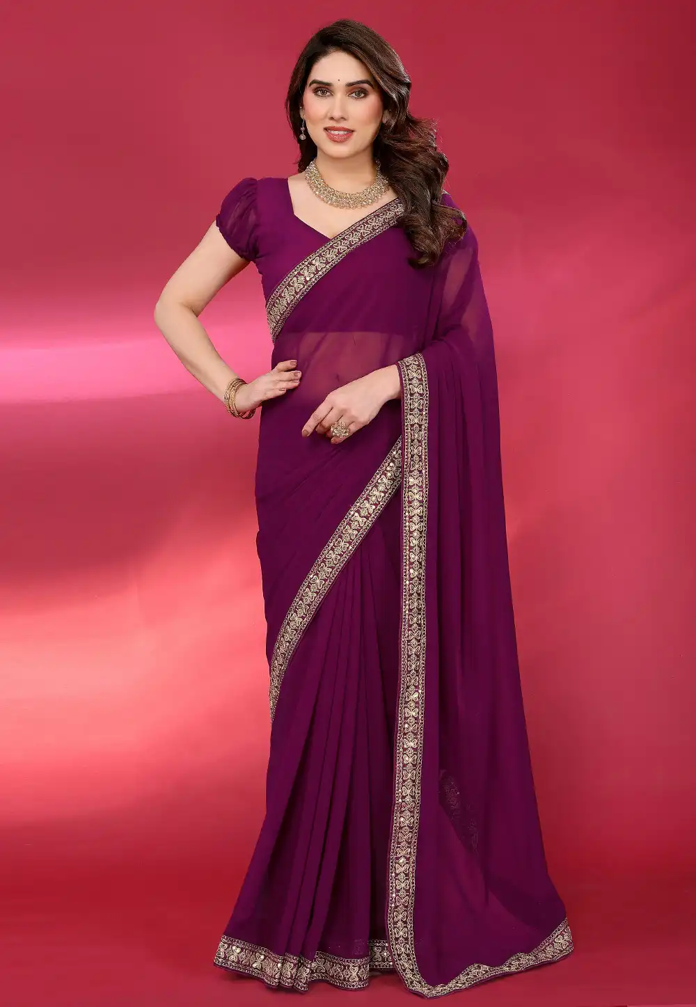 Wine Georgette Saree With Blouse 327527