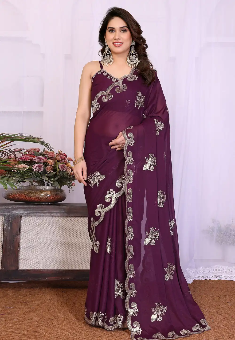 Wine Georgette Saree With Blouse 329566