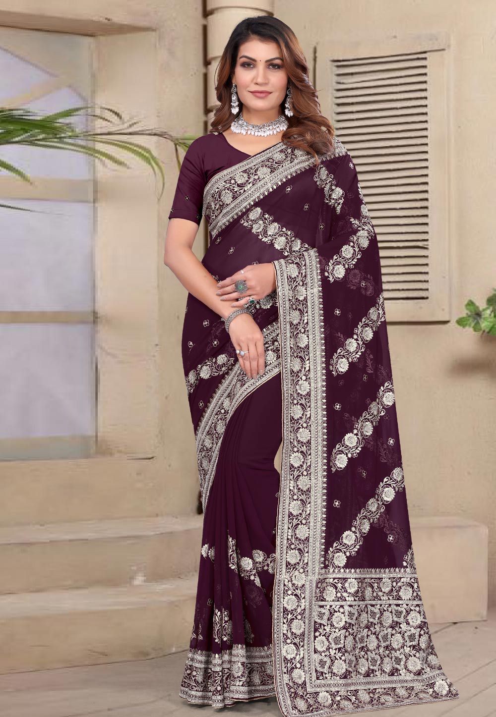 Wine Georgette Saree With Blouse 307779