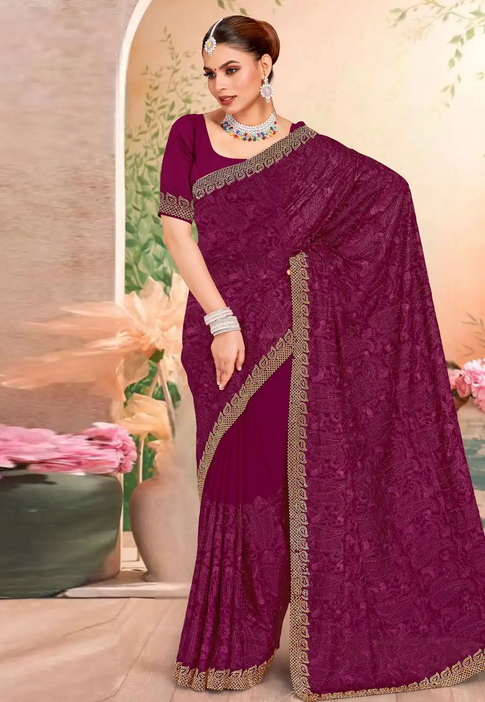 Wine Georgette Saree With Blouse 317582