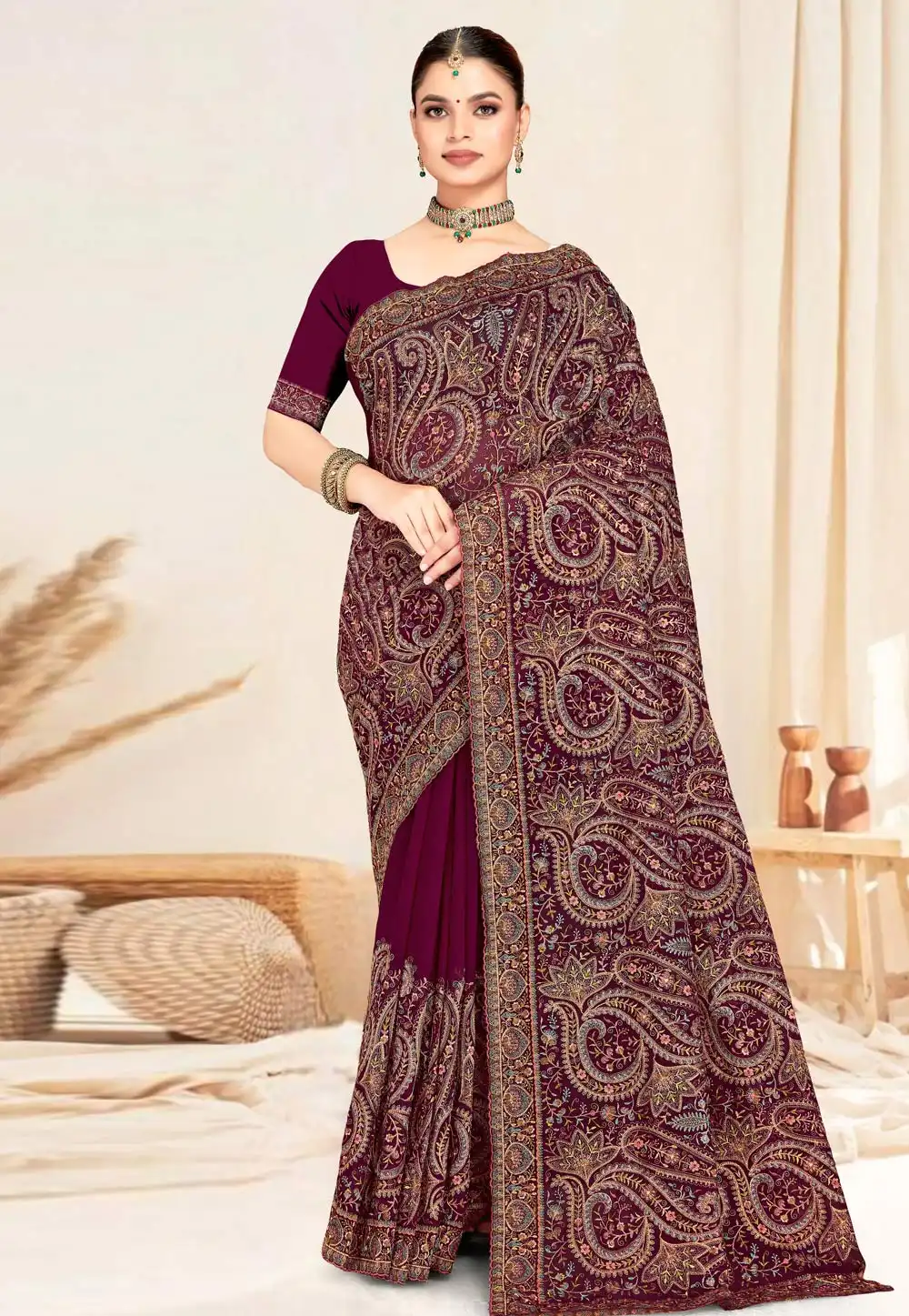 Wine Georgette Saree With Blouse 317734