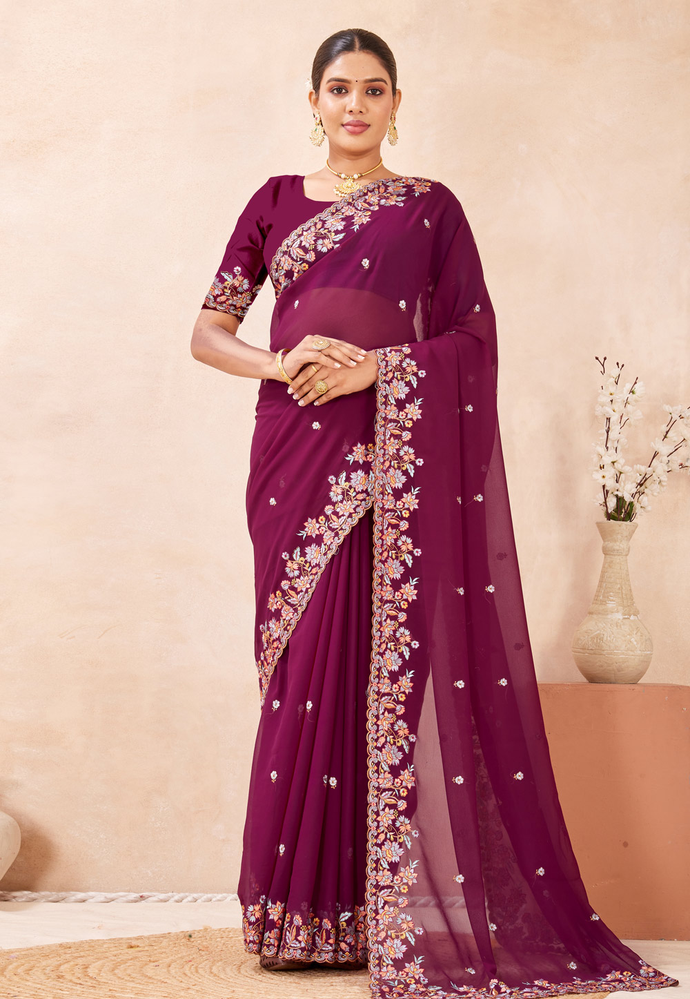Wine Georgette Saree With Blouse 320015