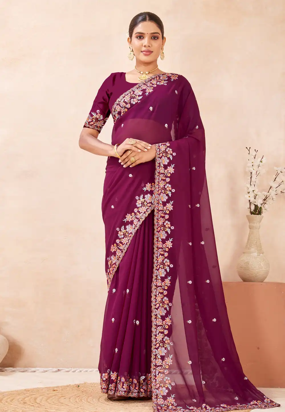 Wine Georgette Saree With Blouse 320015