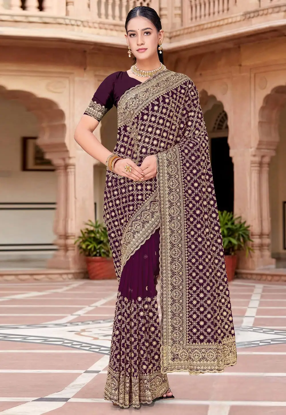 Wine Georgette Saree With Blouse 330833
