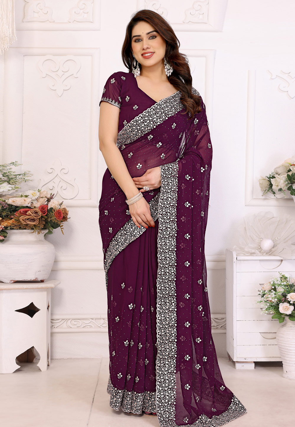 Wine Georgette Saree With Blouse 308760