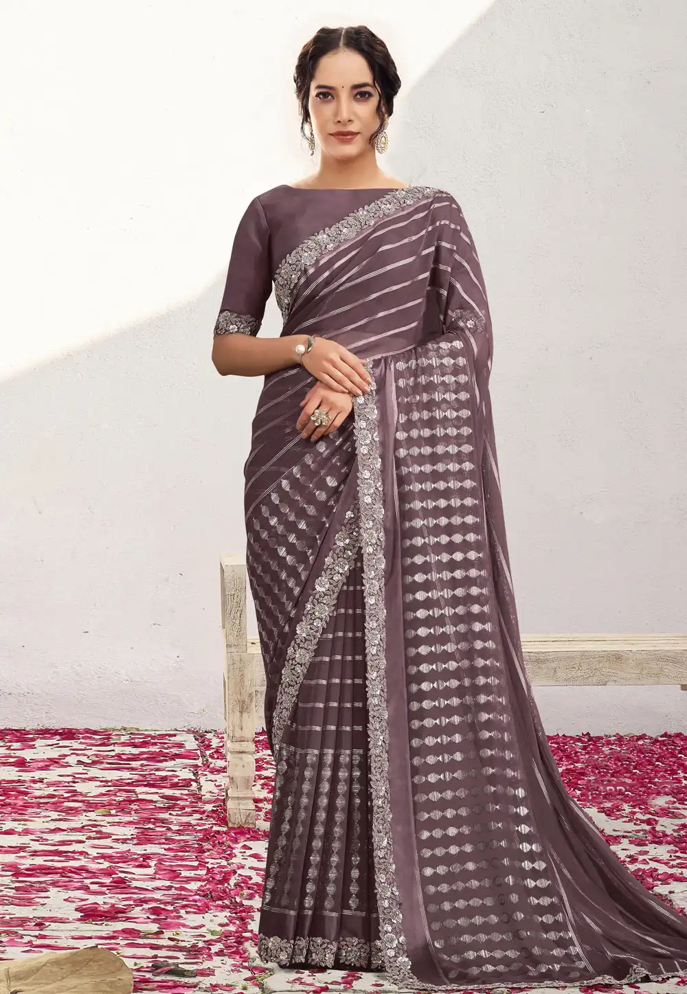 Wine Georgette Saree With Blouse 309437