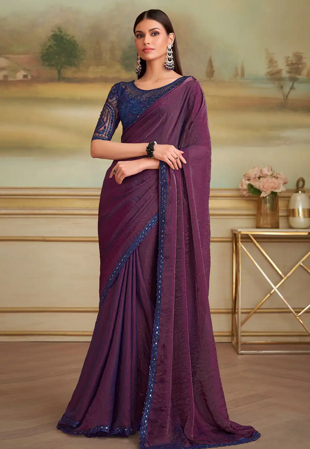 Wine Georgette Saree With Blouse 319524