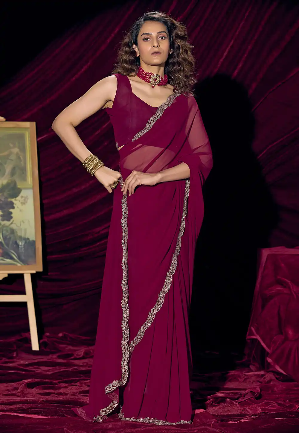 Wine Georgette Saree With Blouse 327567