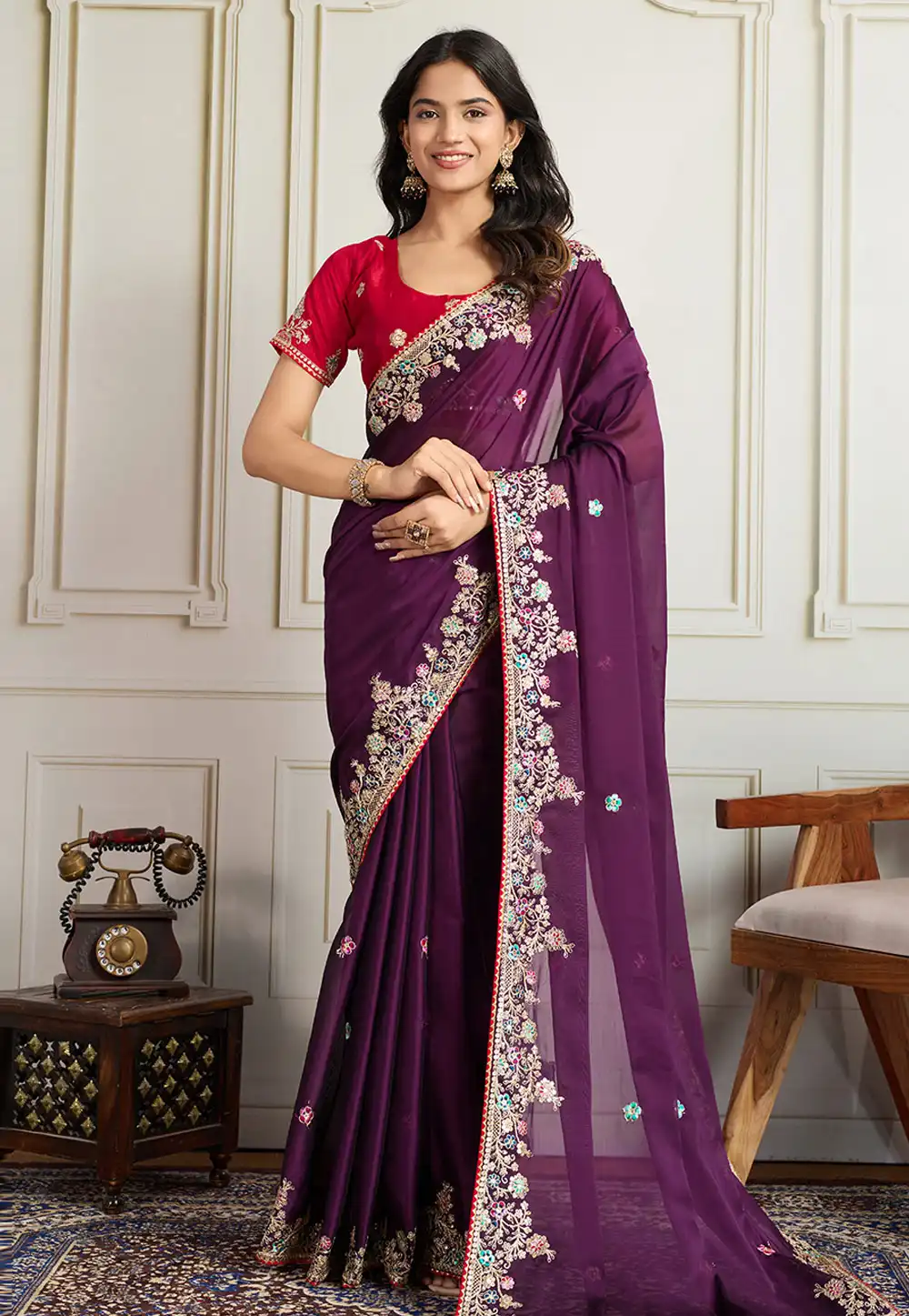Wine Georgette Saree With Blouse 316179
