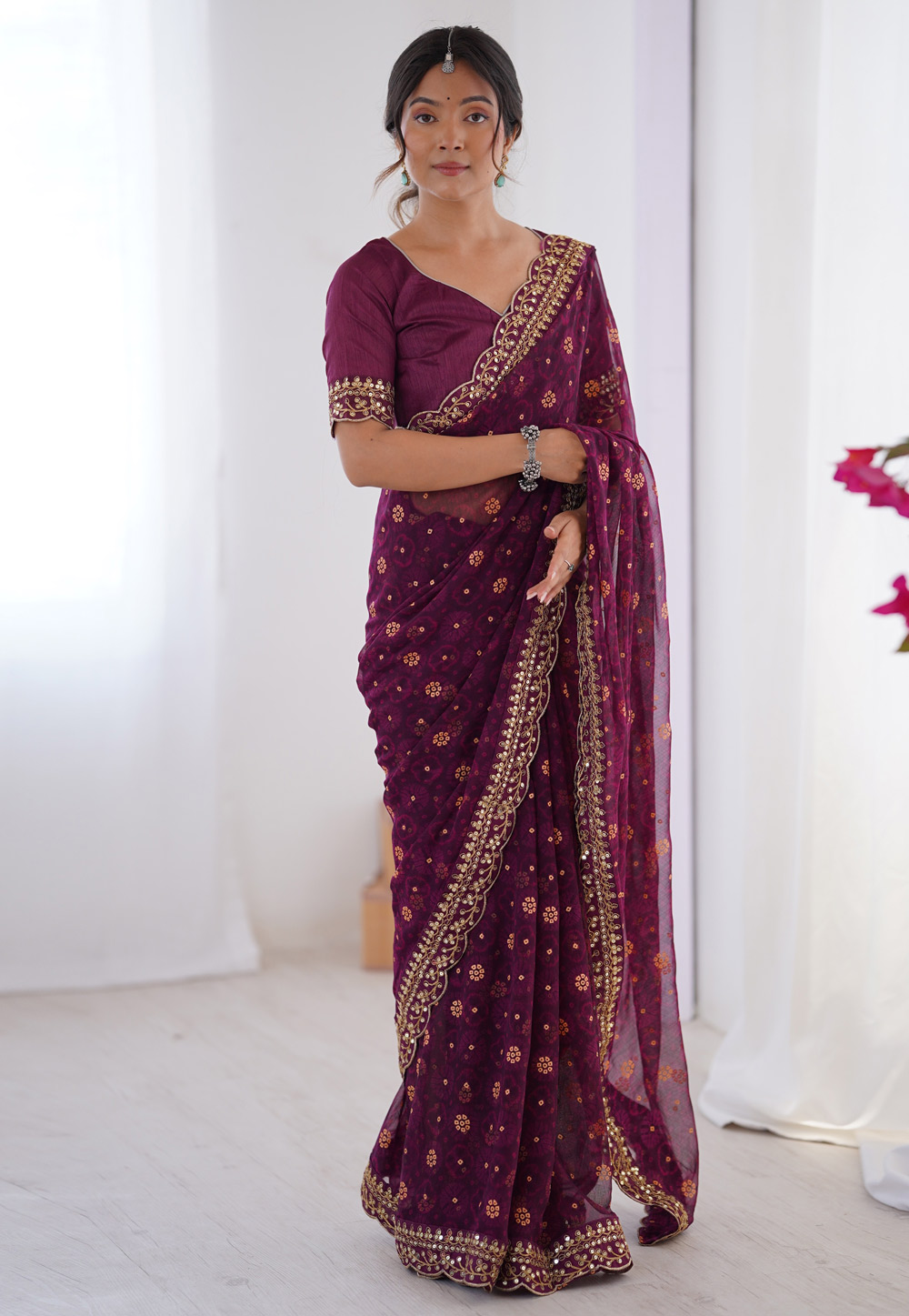 Wine Georgette Saree With Blouse 311292