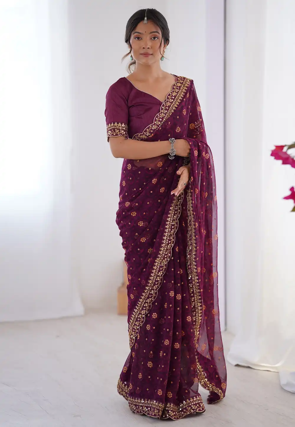 Wine Georgette Saree With Blouse 311292