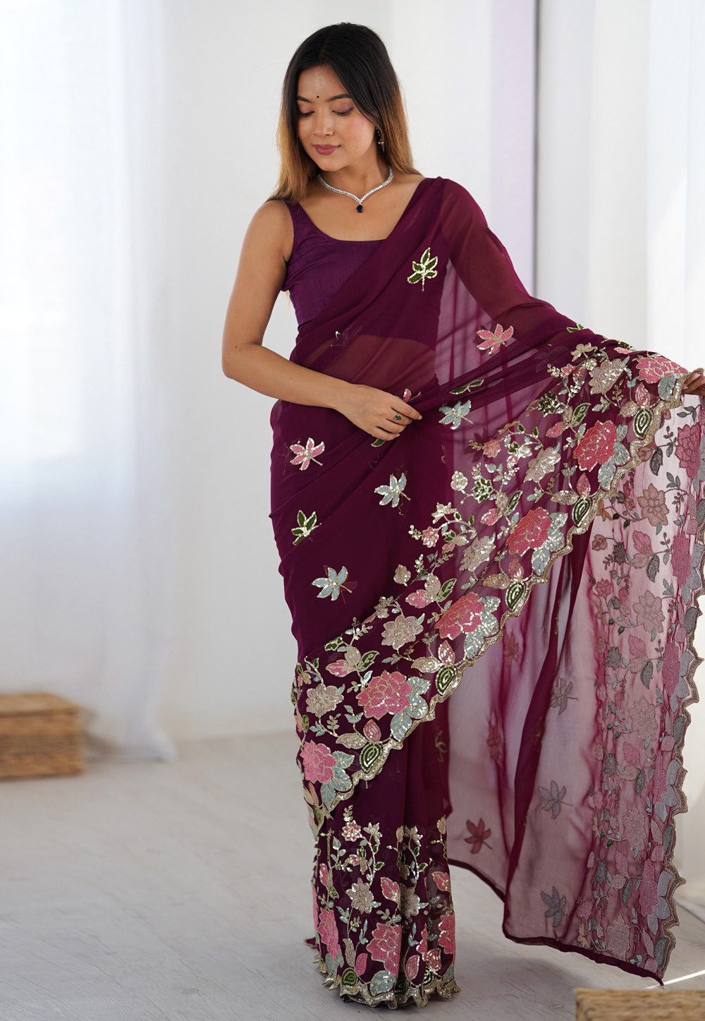 Wine Georgette Saree With Blouse 312639