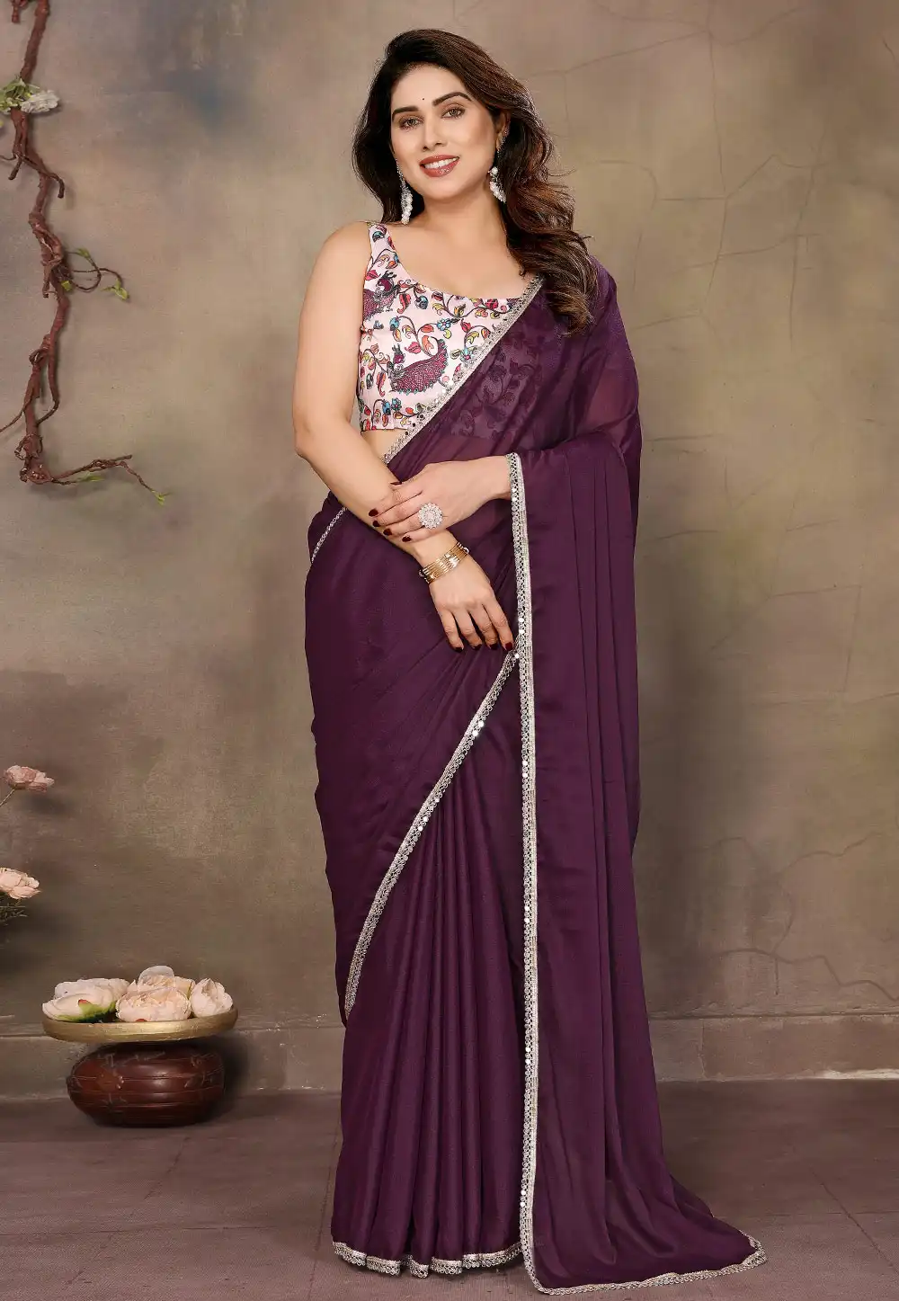 Wine Georgette Saree With Blouse 312831
