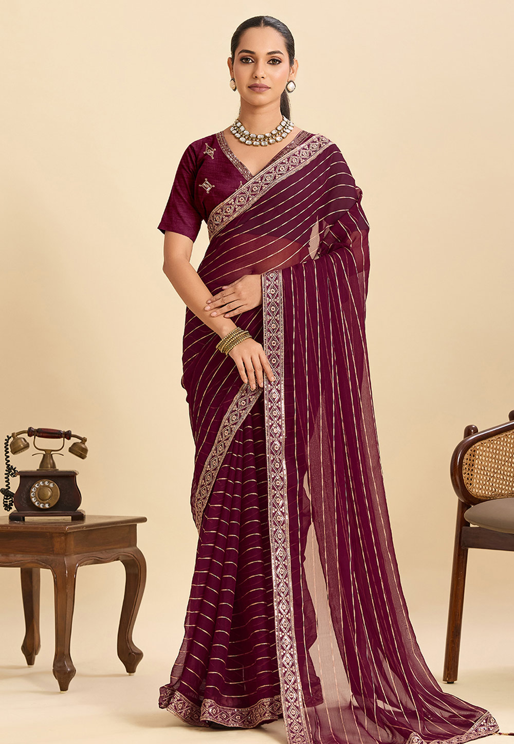 Wine Georgette Saree With Blouse 320709