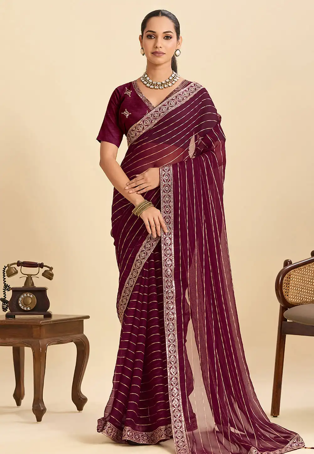 Wine Georgette Saree With Blouse 320709