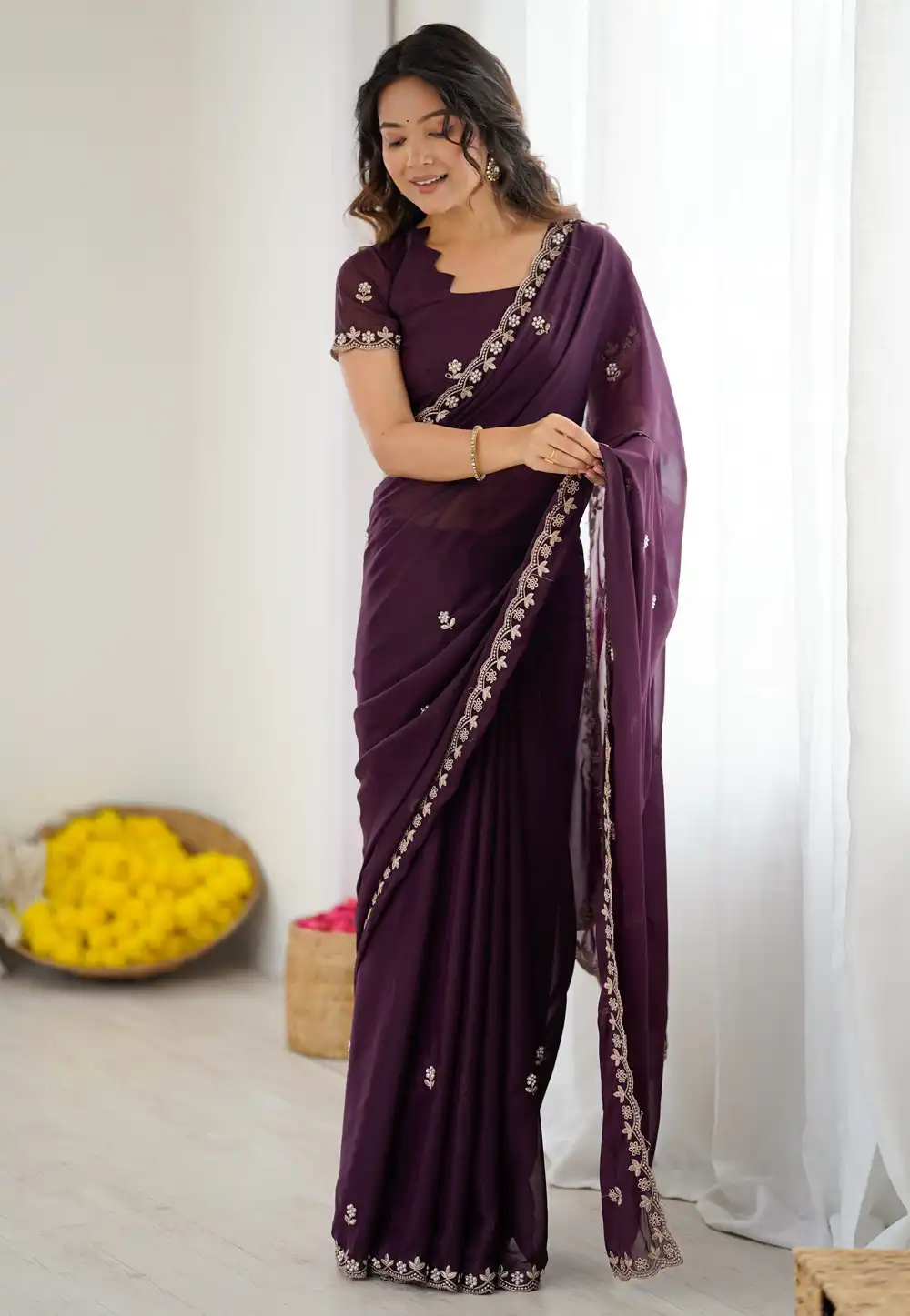 Wine Georgette Saree With Blouse 322919