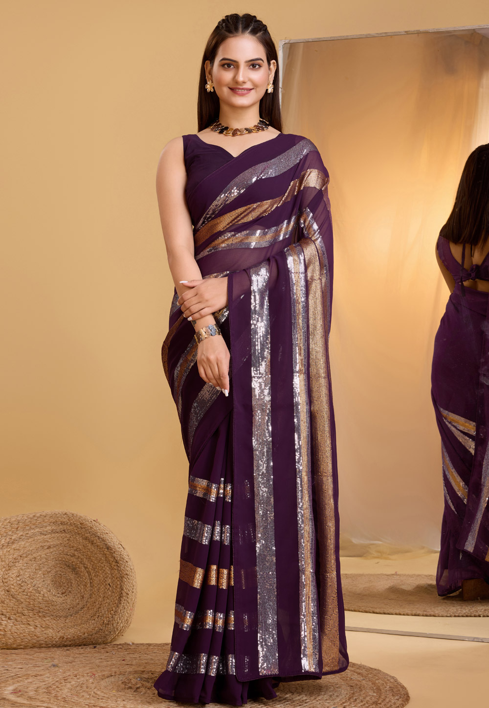 Wine Georgette Sequence Saree 283760