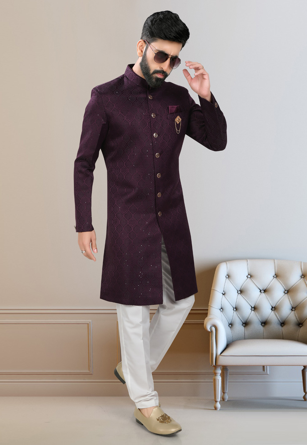 Wine Jacquard Indo Western Suit 312814