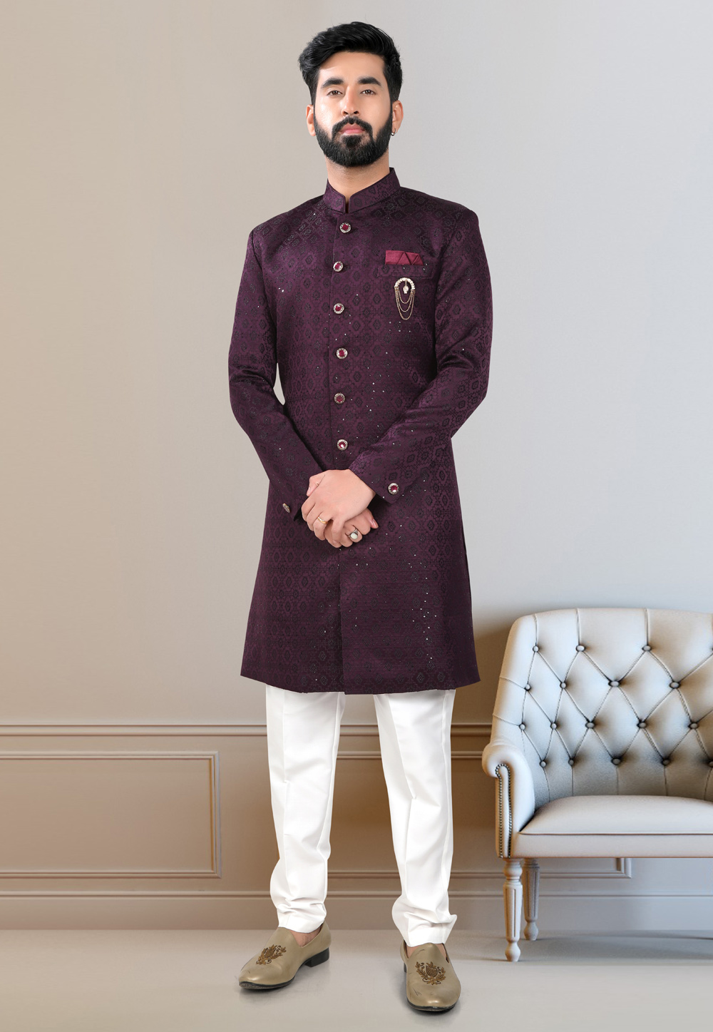 Wine Jacquard Indo Western Suit 312816