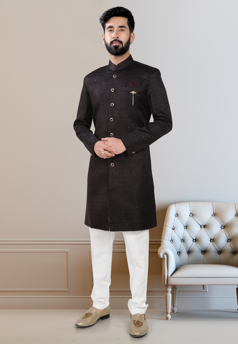Wine Jacquard Indo Western Suit 312819