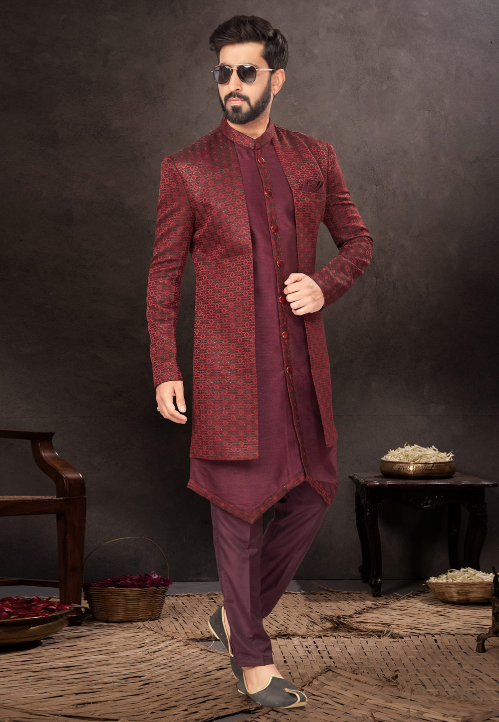 Wine Jacquard Indo Western Suit 283974