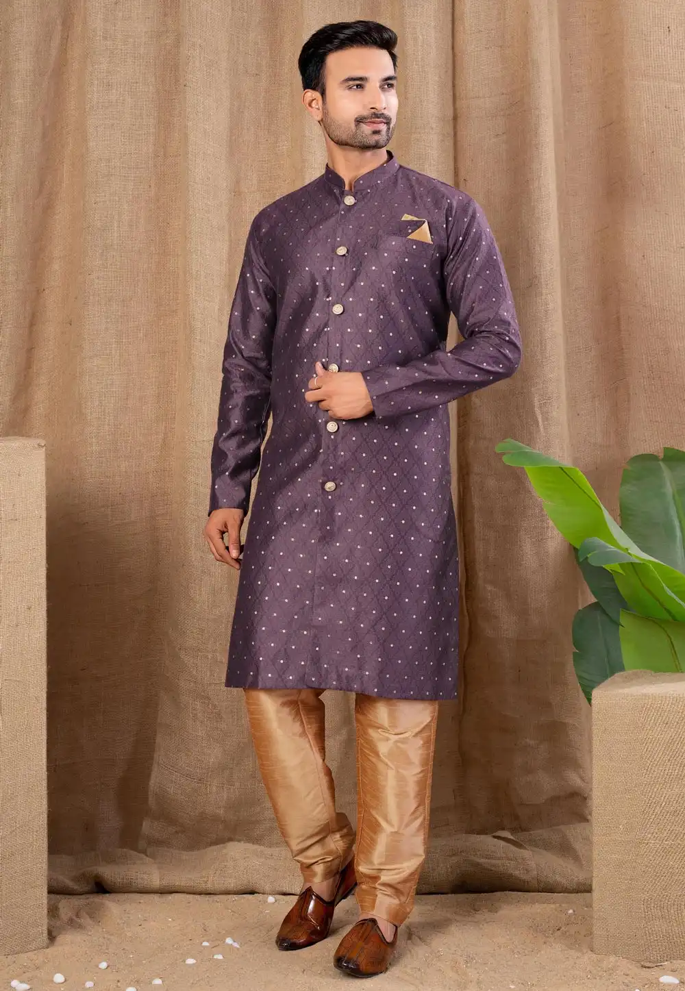 Wine Jacquard Indo Western Suit 316457