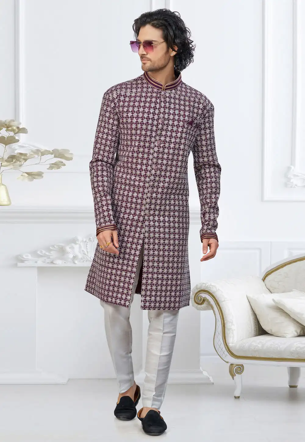 Wine Jacquard Indo Western Suit 317886