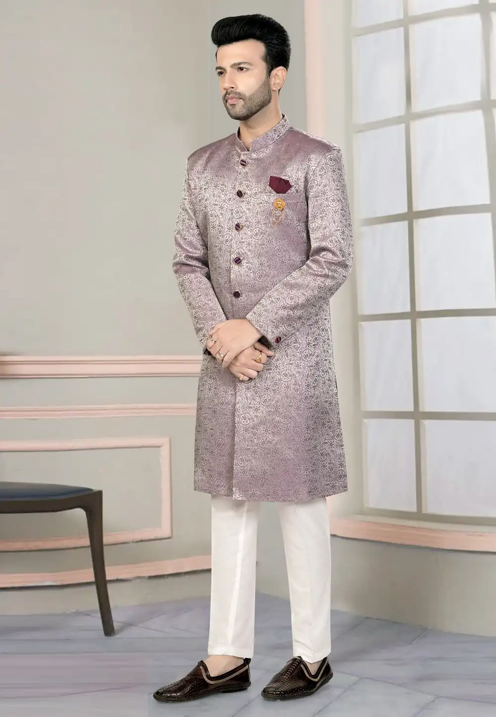 Wine Jacquard Indo Western Suit 316094
