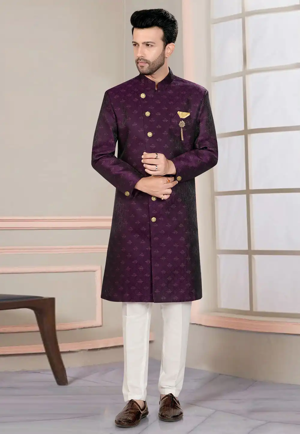 Wine Jacquard Indo Western Suit 316099