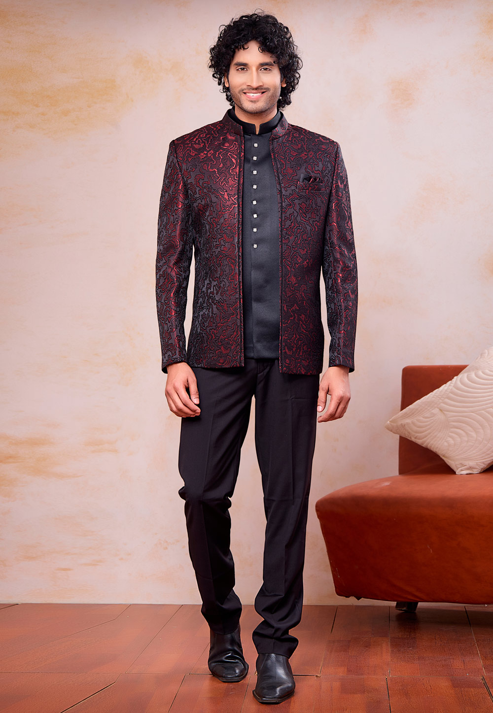 Wine Jacquard Jodhpuri Suit 327089