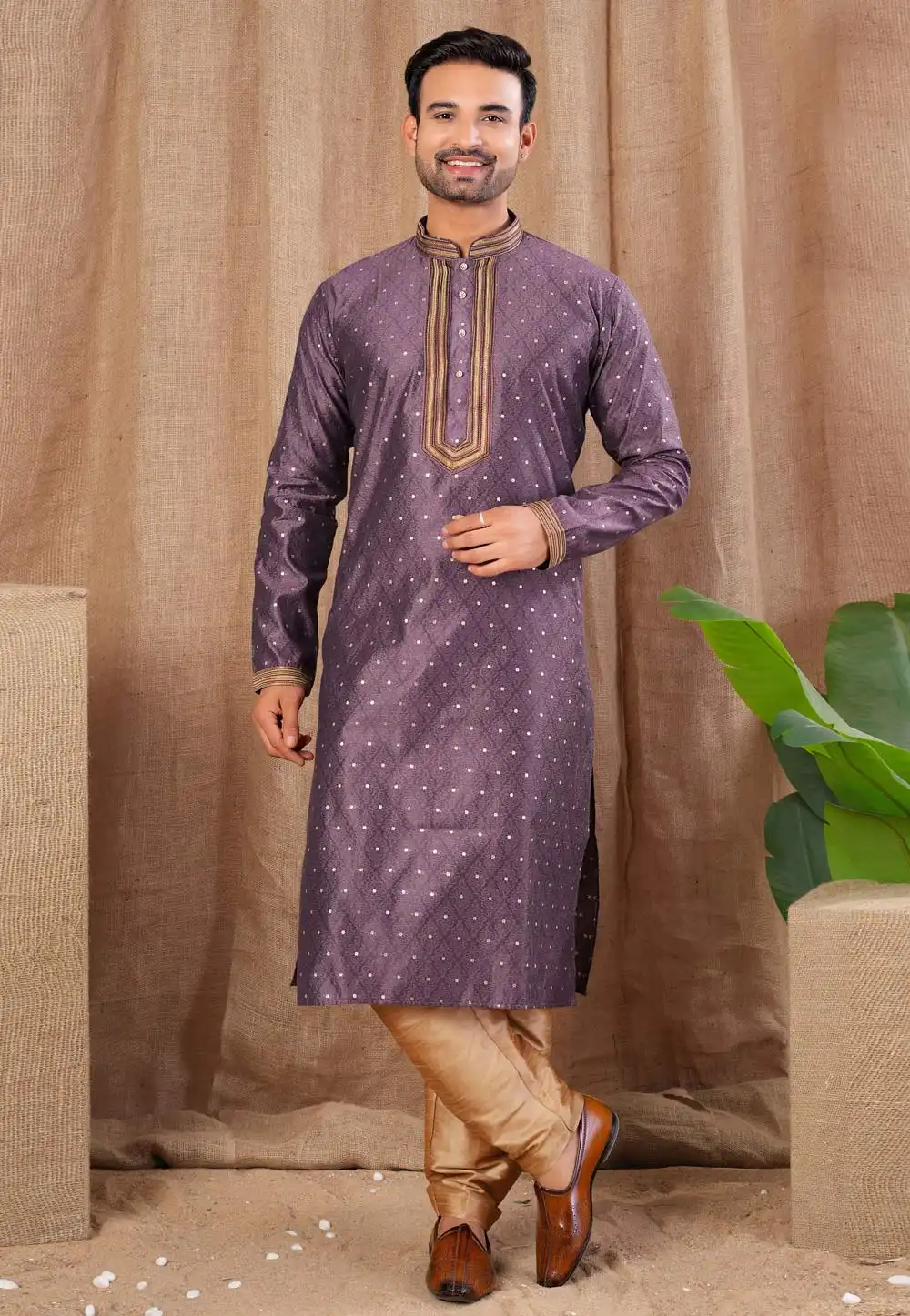 Wine Jacquard Kurta Pajama 316429