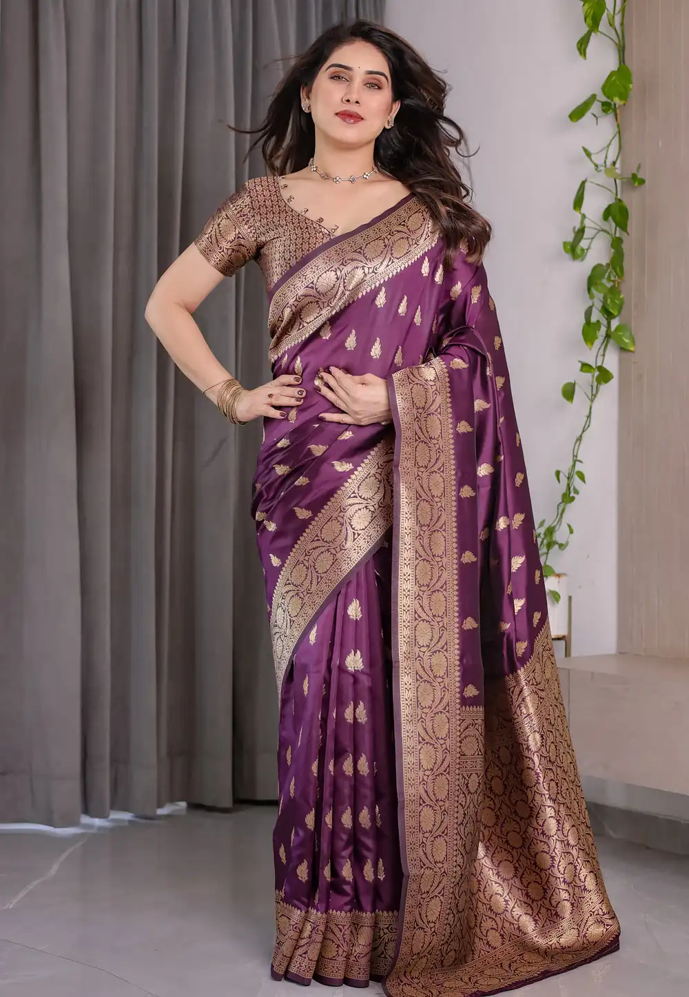 Wine Jacquard Saree With Blouse 321345