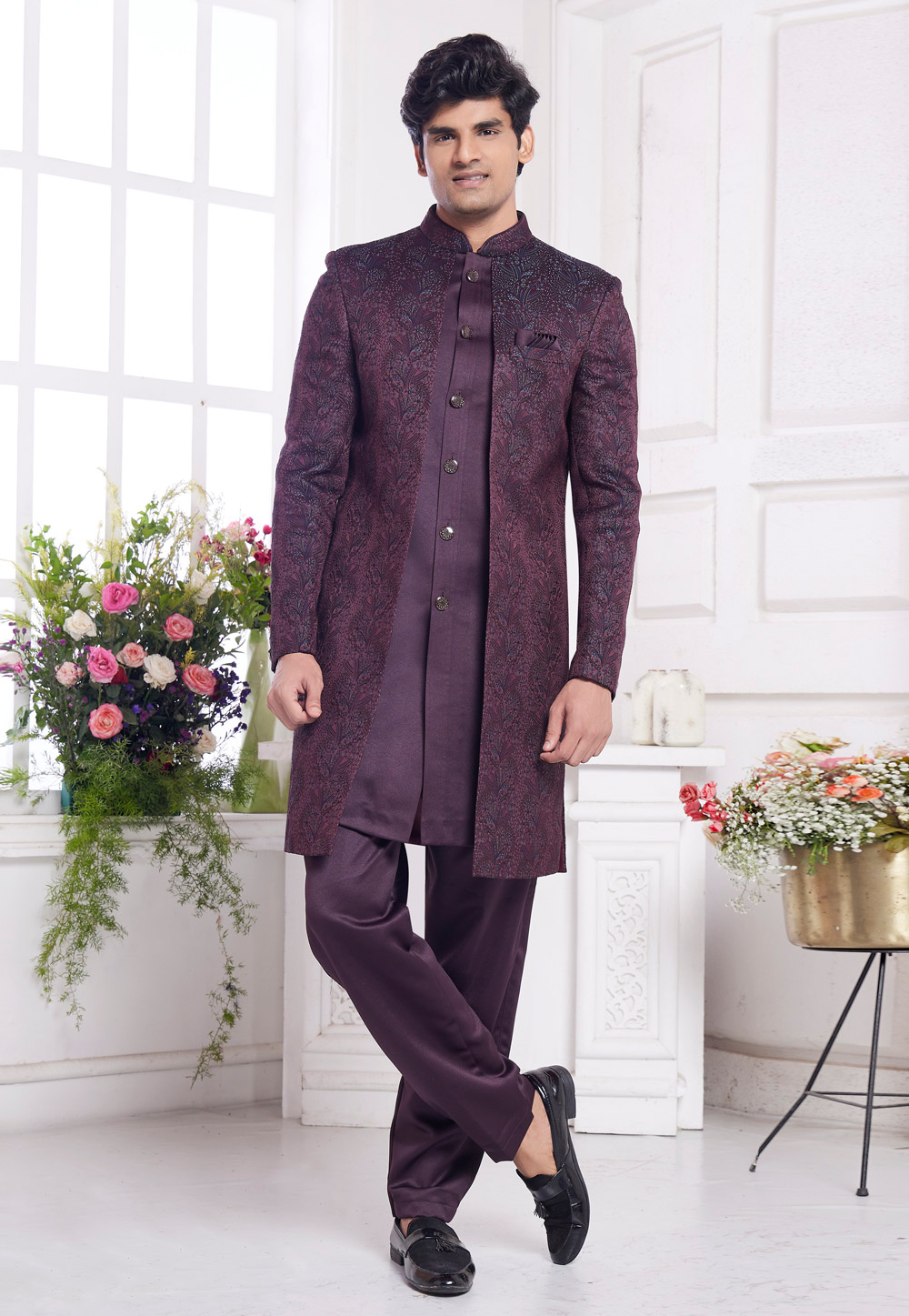 Wine Jacquard Silk Jacket Style Sherwani 308610