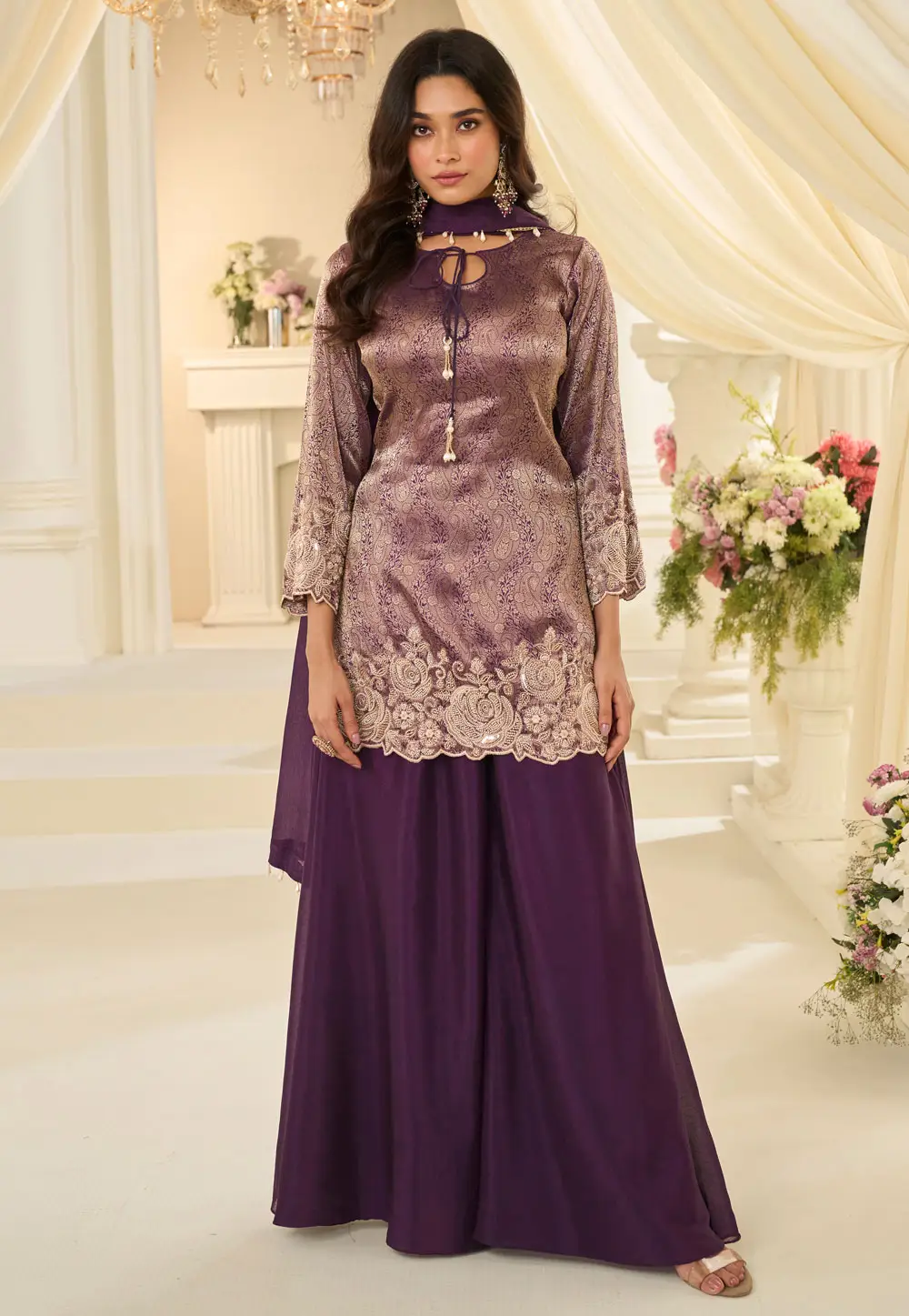 Wine Jacquard Silk Pakistani Suit 333182