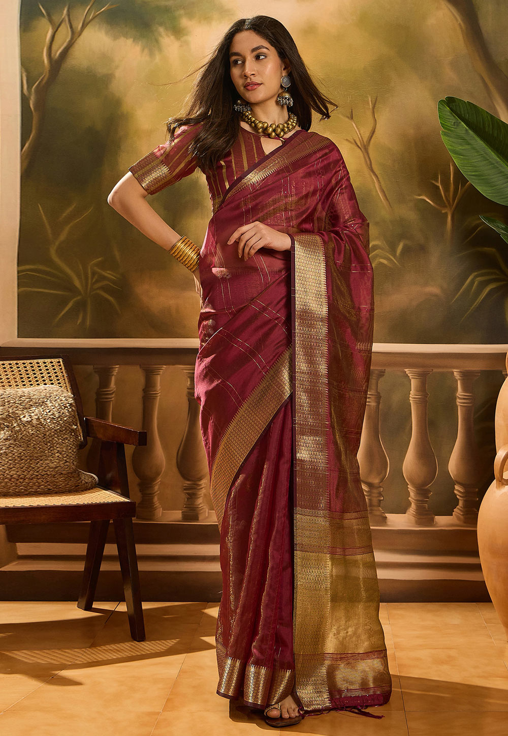Wine Khadi Saree With Blouse 309137