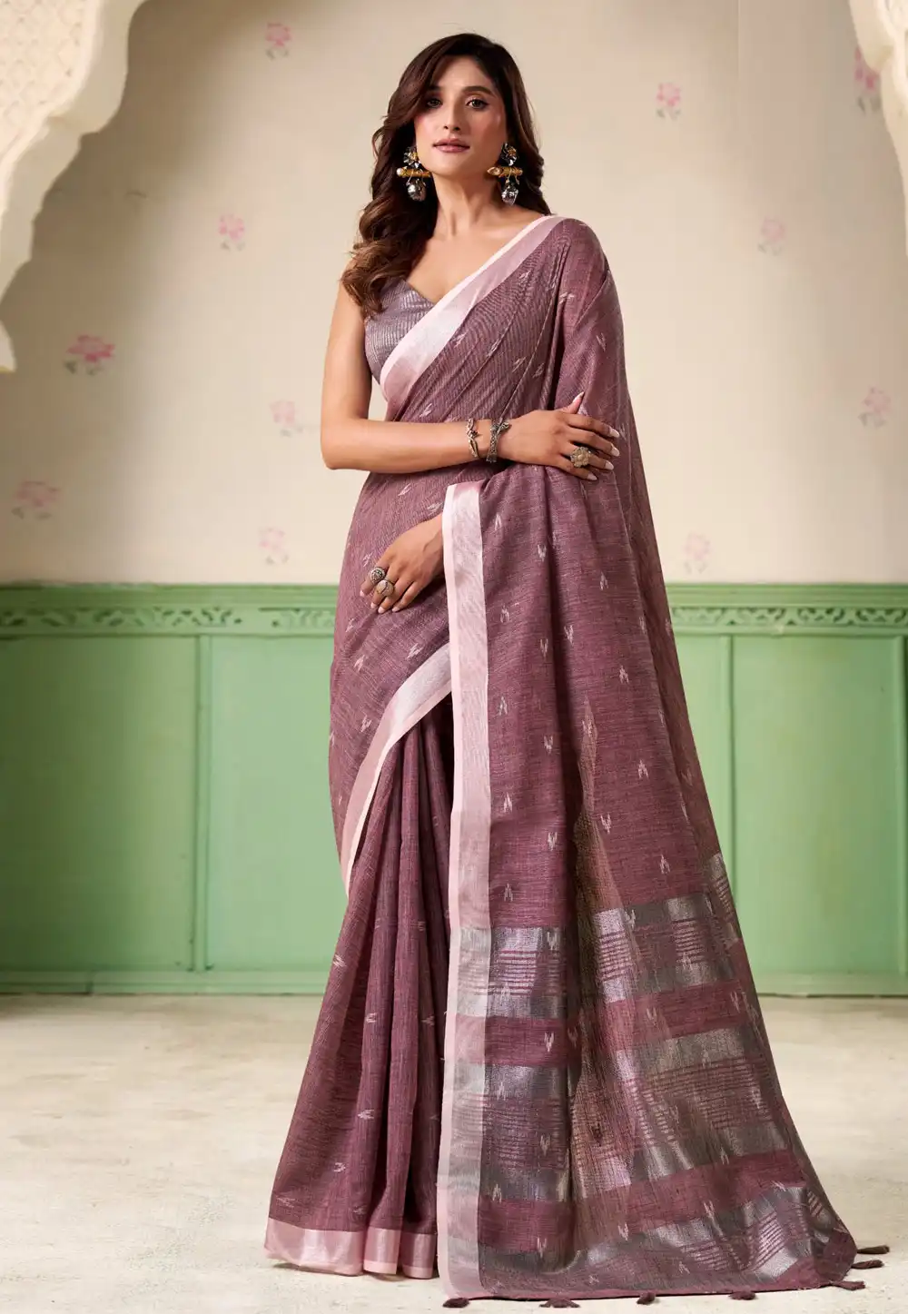 Wine Linen Saree With Blouse 319715