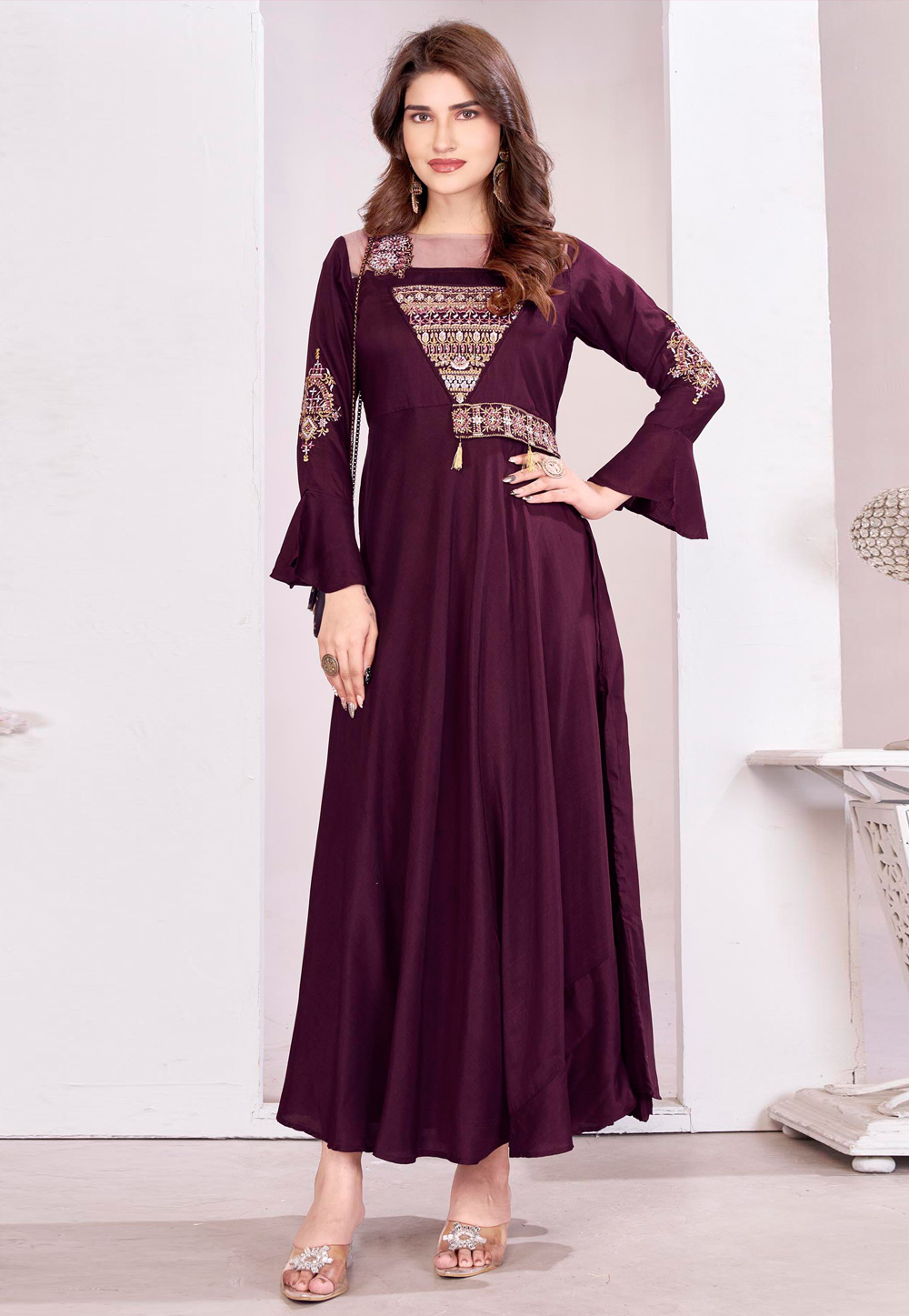 Wine Muslin Designer Gown 324553