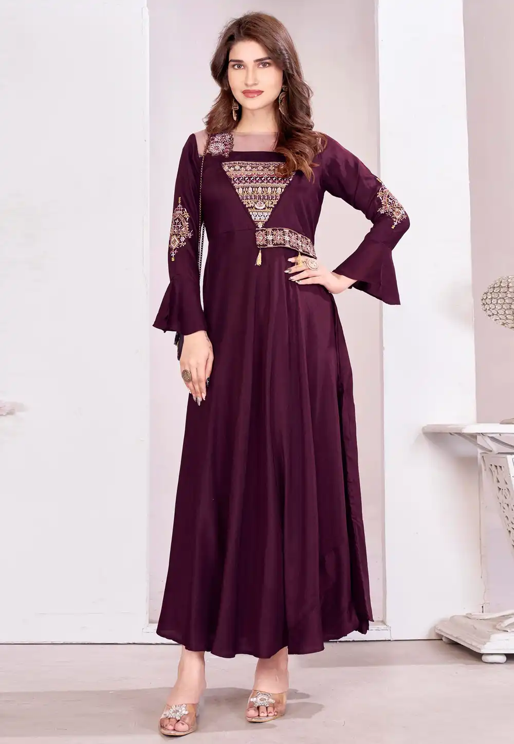Wine Muslin Designer Gown 324553