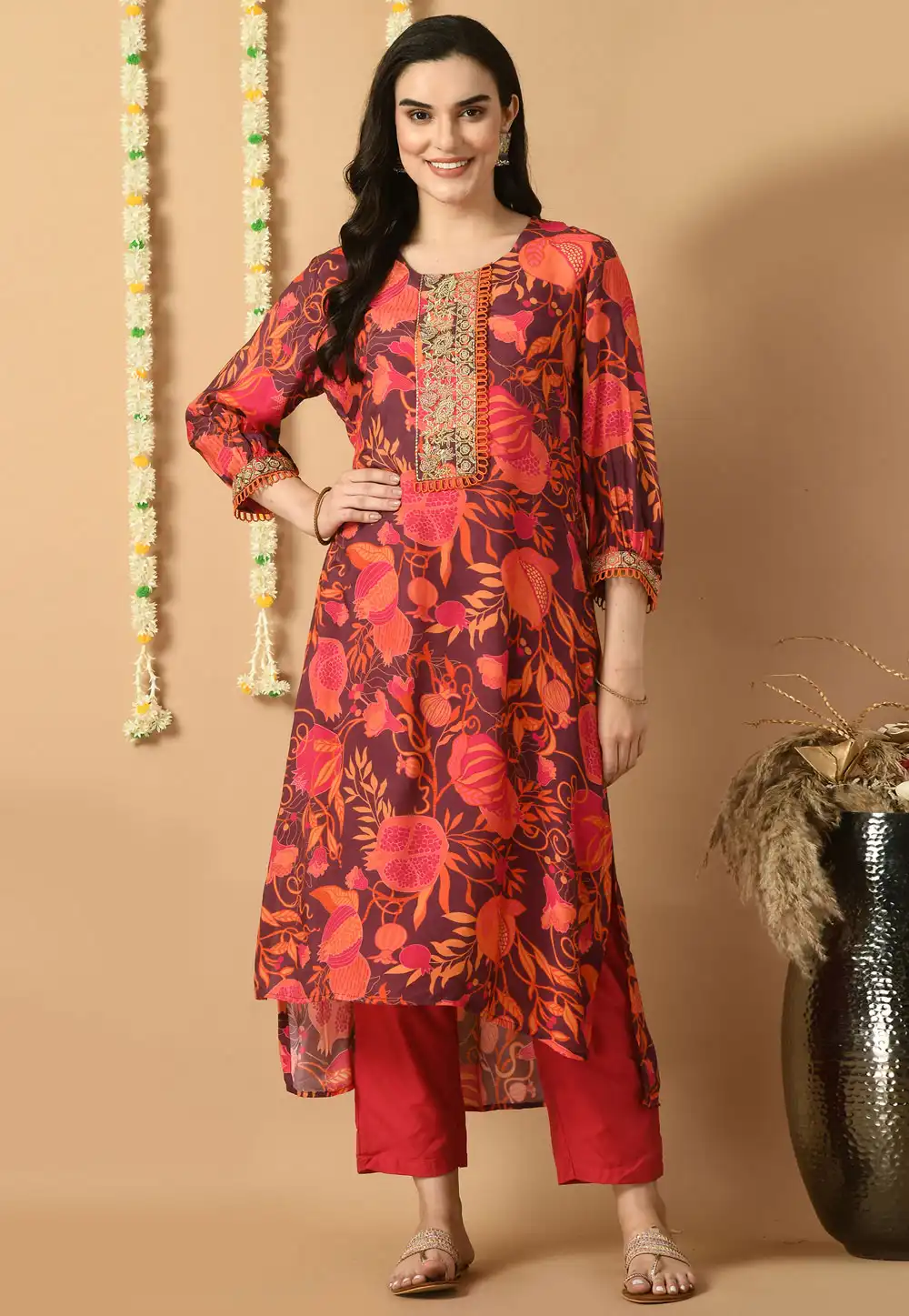 Wine Muslin Kurta Set With Pant 305480