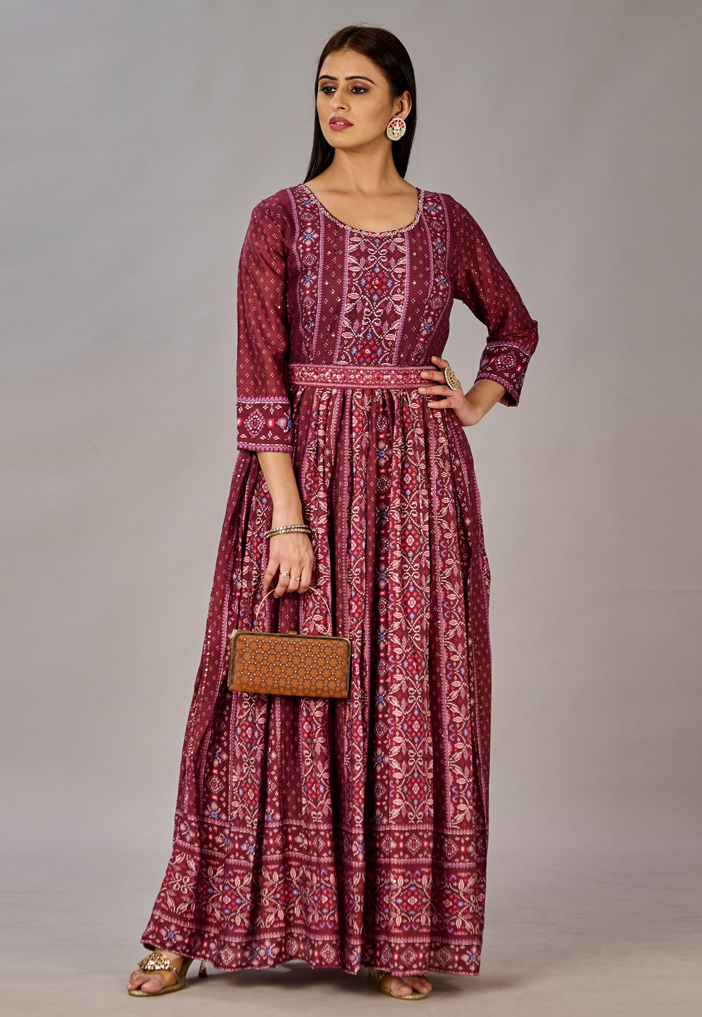 Wine Muslin Printed Gown 281226