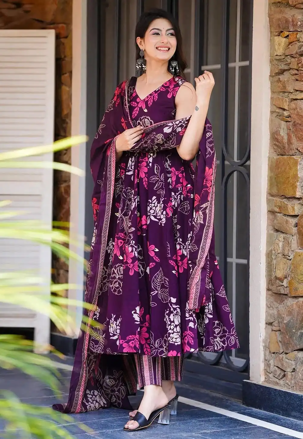 Wine Muslin Readymade Anarkali Suit 317274