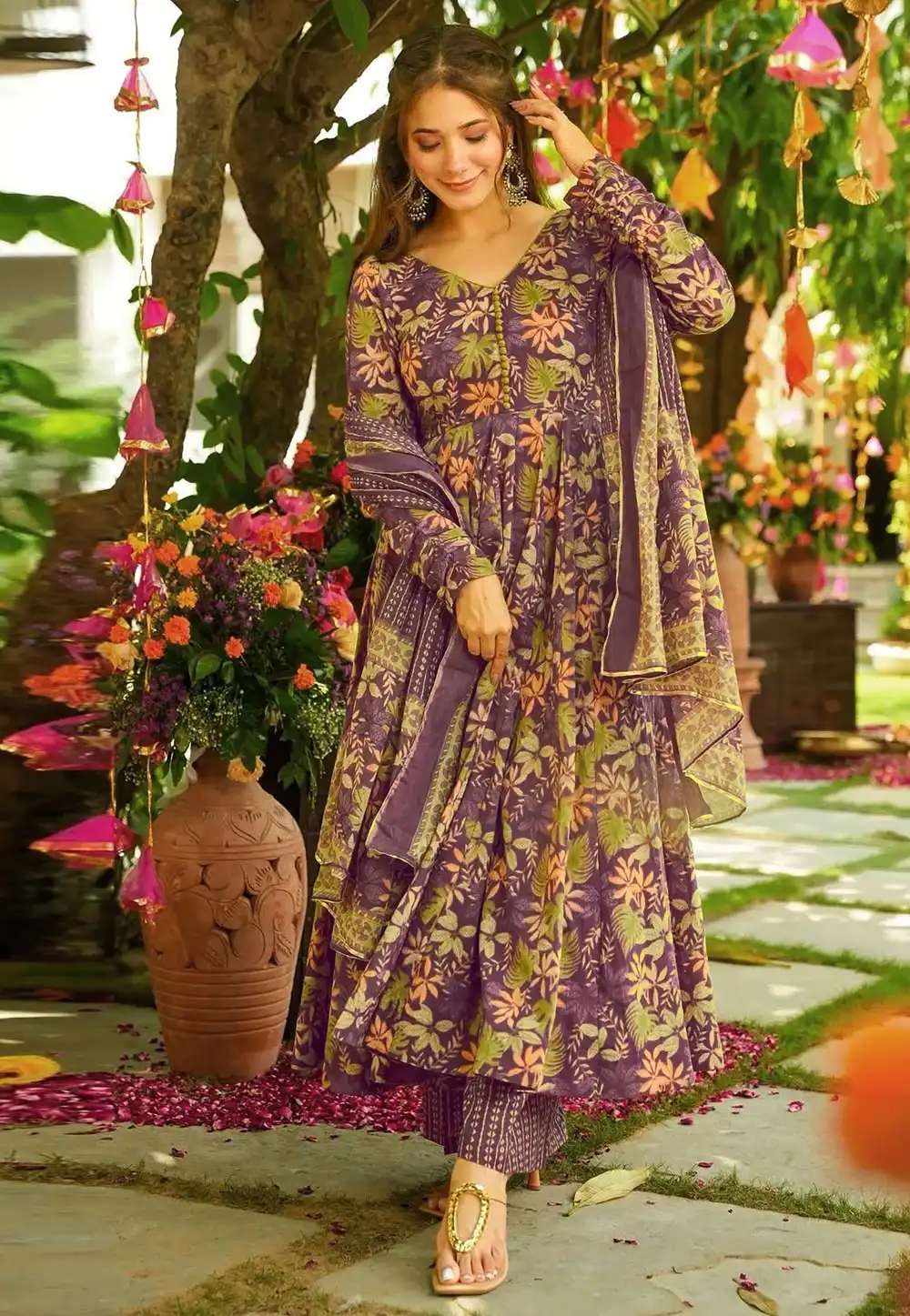 Wine Muslin Readymade Anarkali Suit 322913