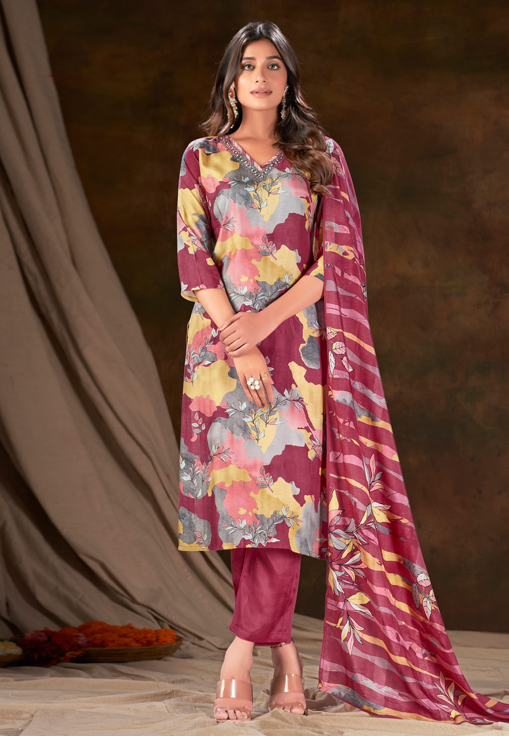 Wine Muslin Readymade Pakistani Suit 281872