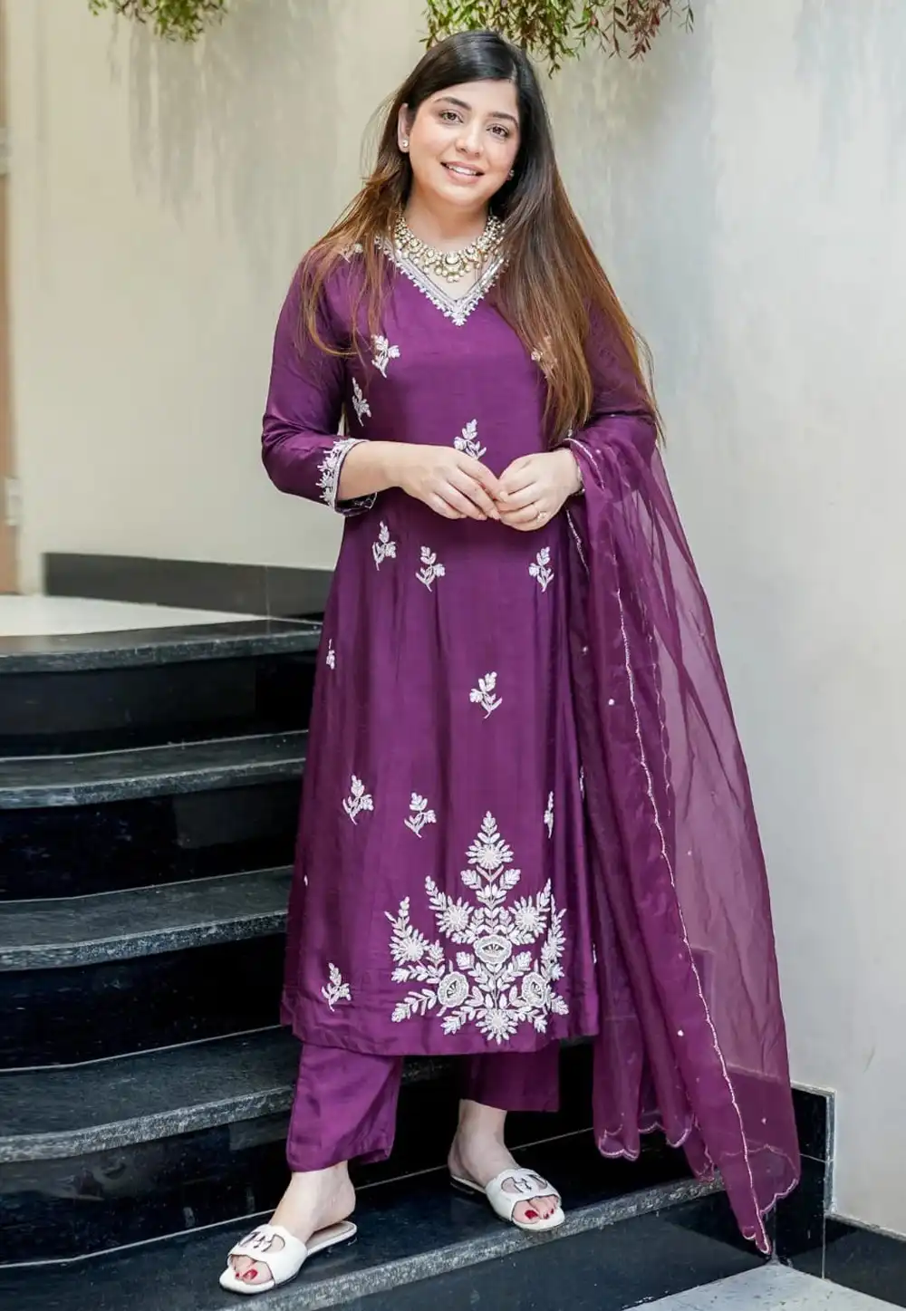 Wine Muslin Readymade Pant Style Suit 324041