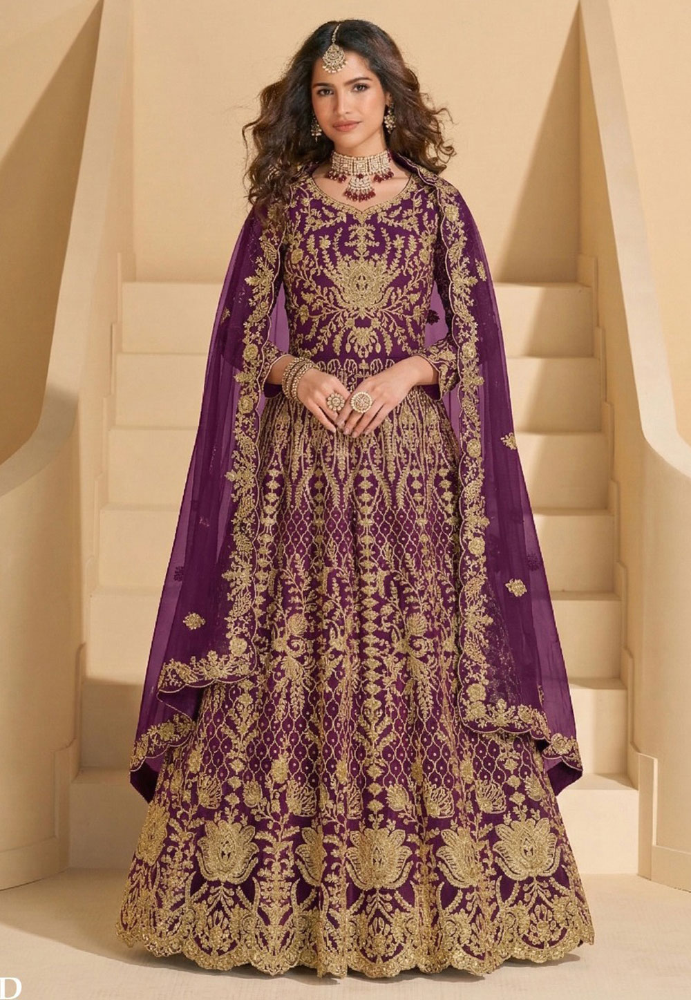 Wine Net Embroidered Anarkali Suit 326831
