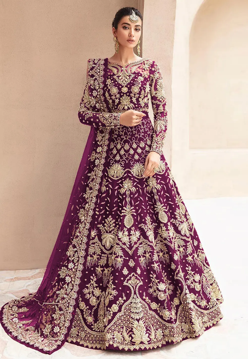 Wine Net Embroidered Floor Length Anarkali Suit 304447