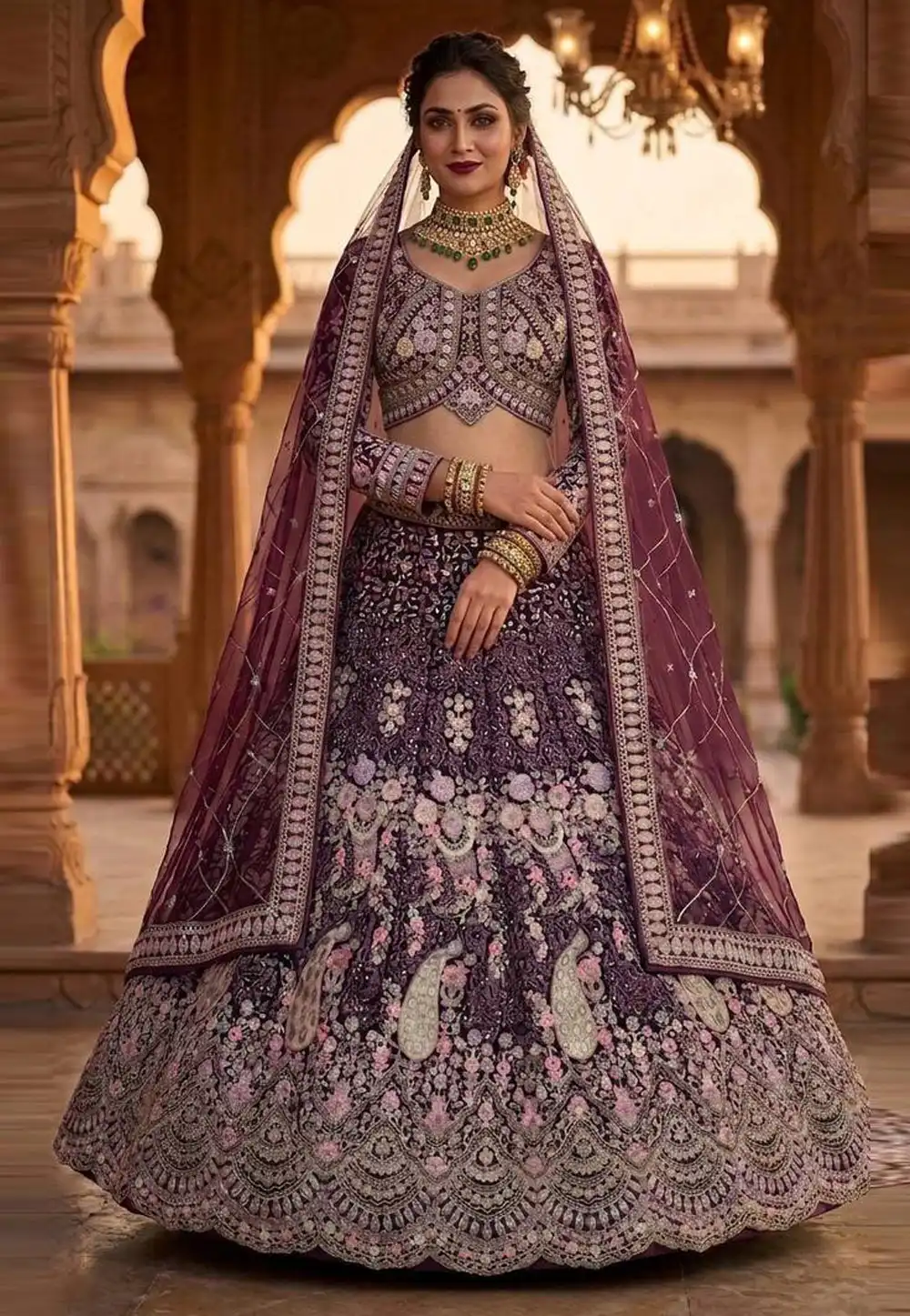 Wine Net Lehenga Choli For Wedding 329116