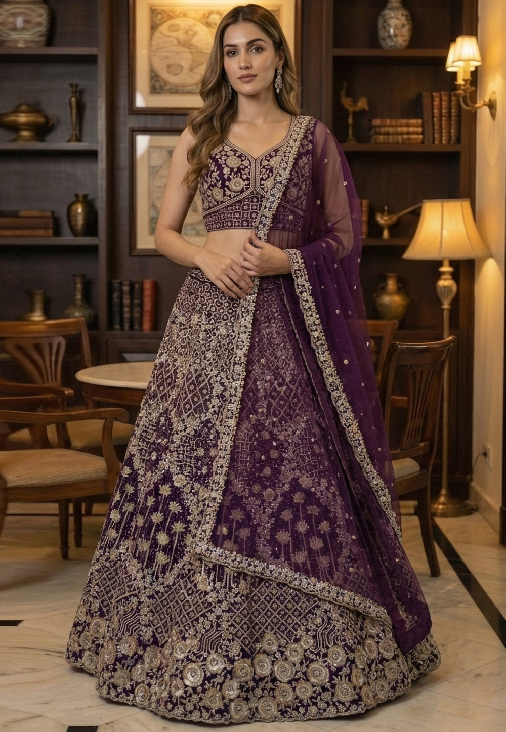 Wine Net Lehenga Choli For Wedding 321188